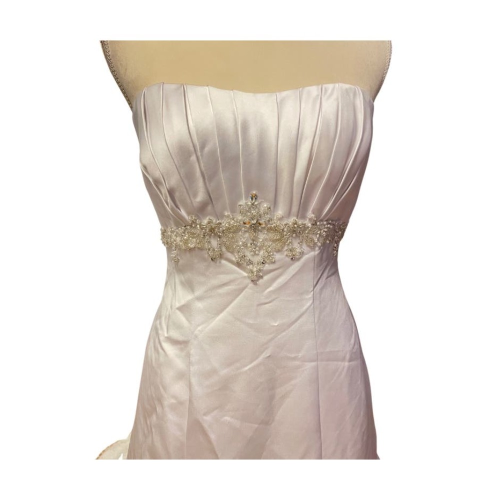 Satin Empire Waist A-Line Wedding Gown with Beaded Crystal Detail - Picture 2 of 11